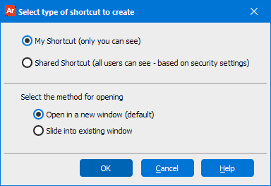 This image is the Select type of shortcut to create dialog.   This is where  My Shortcut or Shared Shortcut is selected.